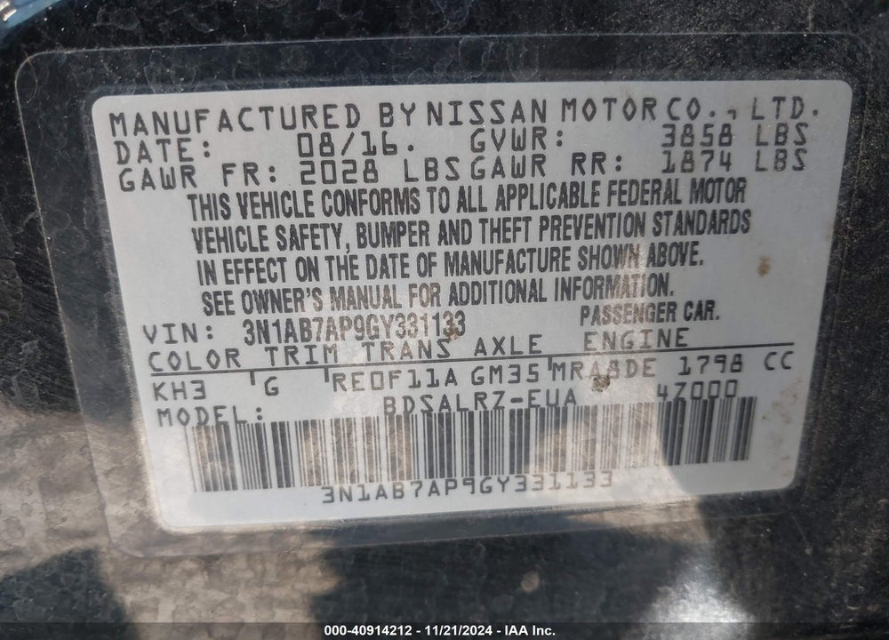 2016 NISSAN SENTRA VIN: 3N1AB7AP9GY331133