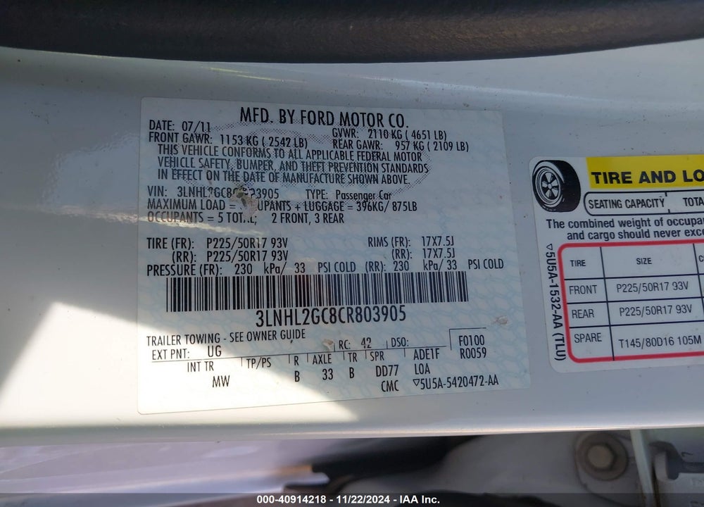 2012 LINCOLN MKZ VIN: 3LNHL2GC8CR803905