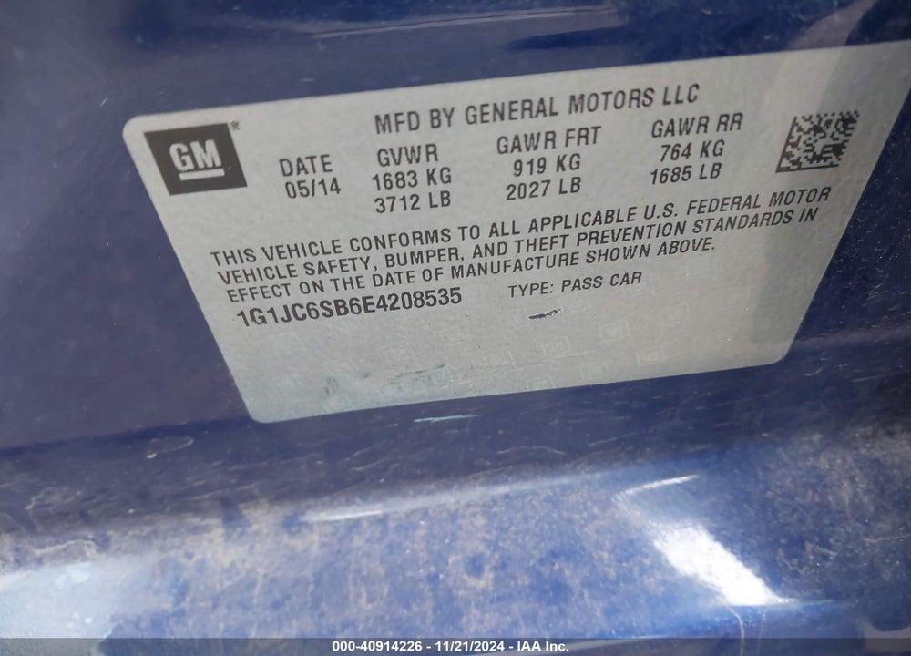 2014 CHEVROLET SONIC LT AUTO VIN: 1G1JC6SB6E4208535