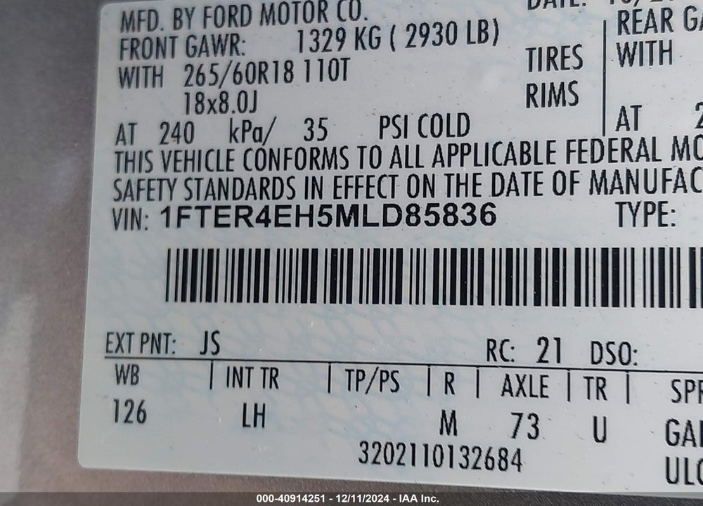 2021 FORD RANGER VIN: 1FTER4EH5MLD85836