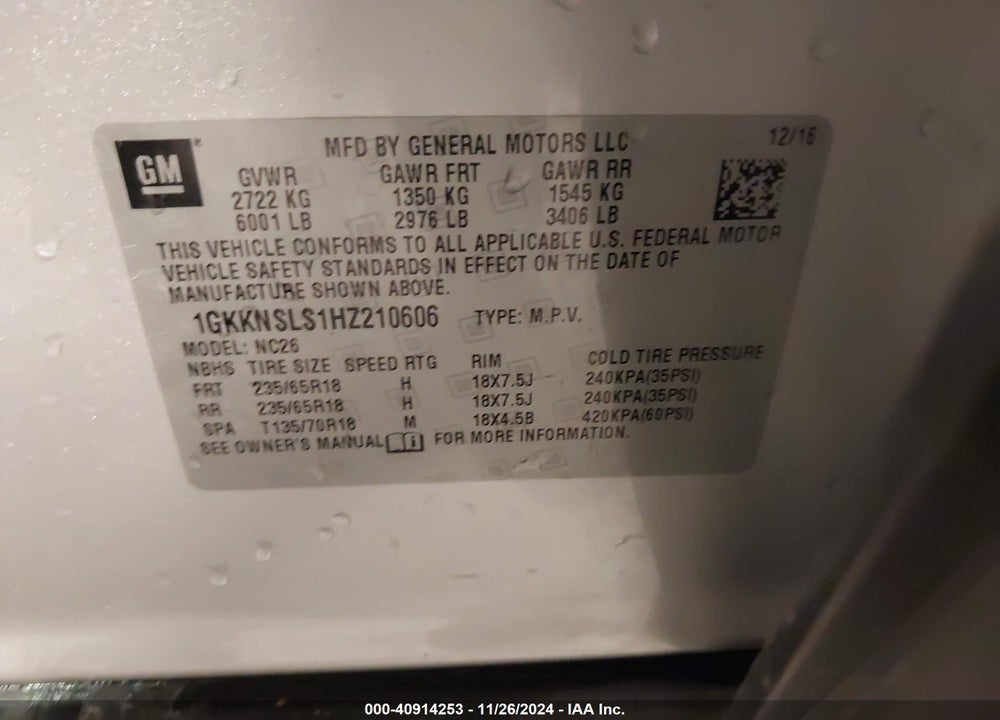 2017 GMC ACADIA SLE-2 VIN: 1GKKNSLS1HZ210606