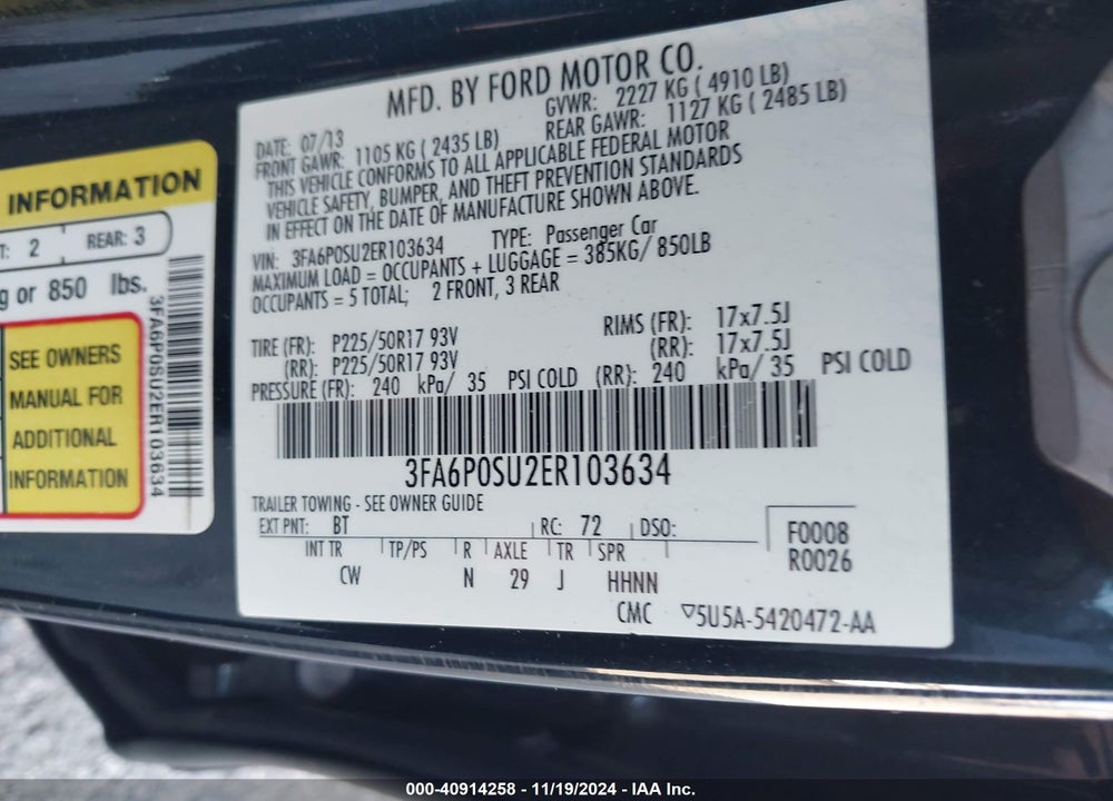 2014 FORD FUSION ENERGI TITANIUM VIN: 3FA6P0SU2ER103634