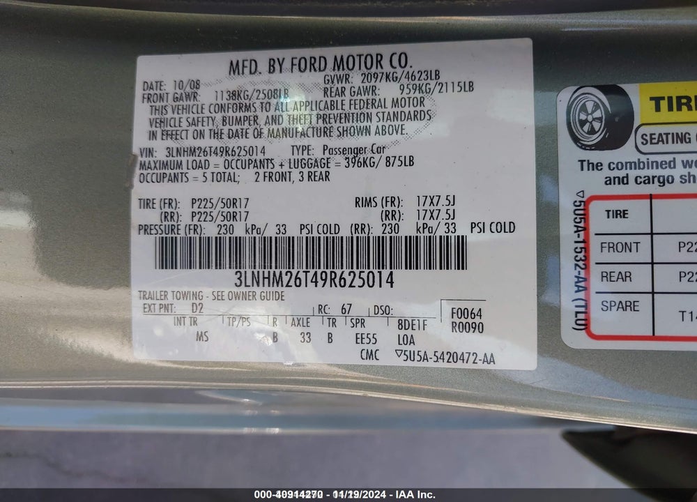 2009 LINCOLN MKZ VIN: 3LNHM26T49R625014