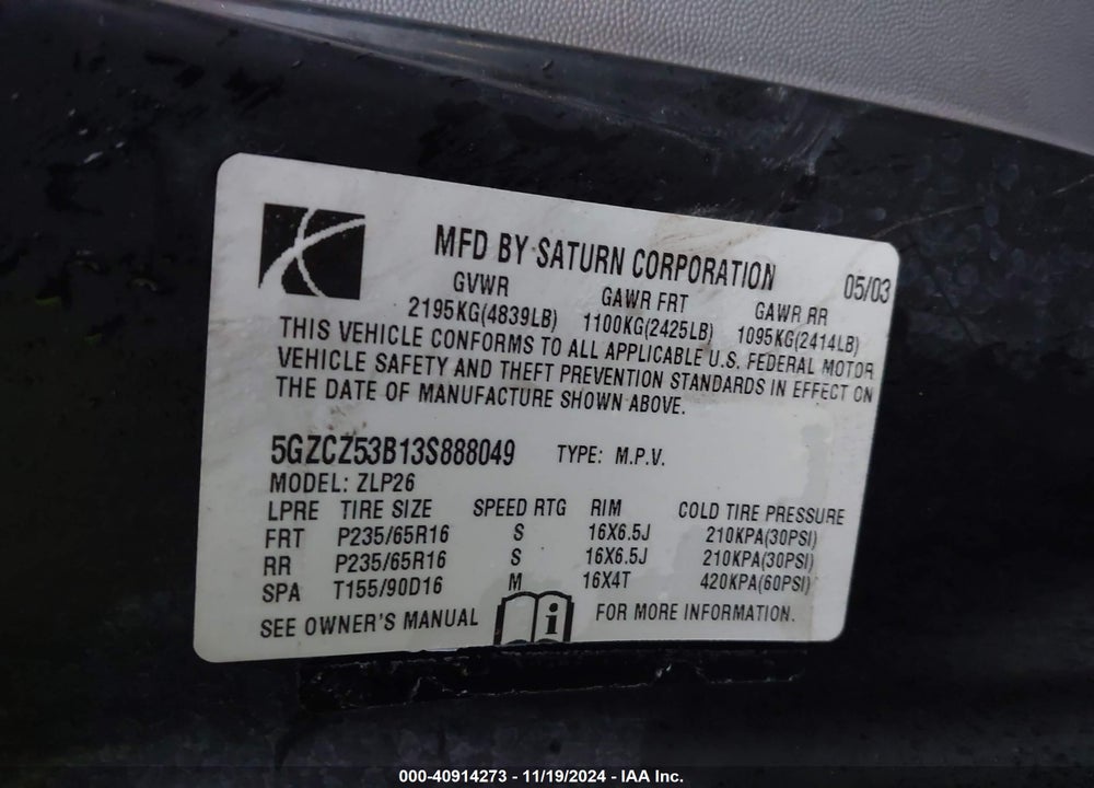 2003 SATURN VUE V6 VIN: 5GZCZ53B13S888049
