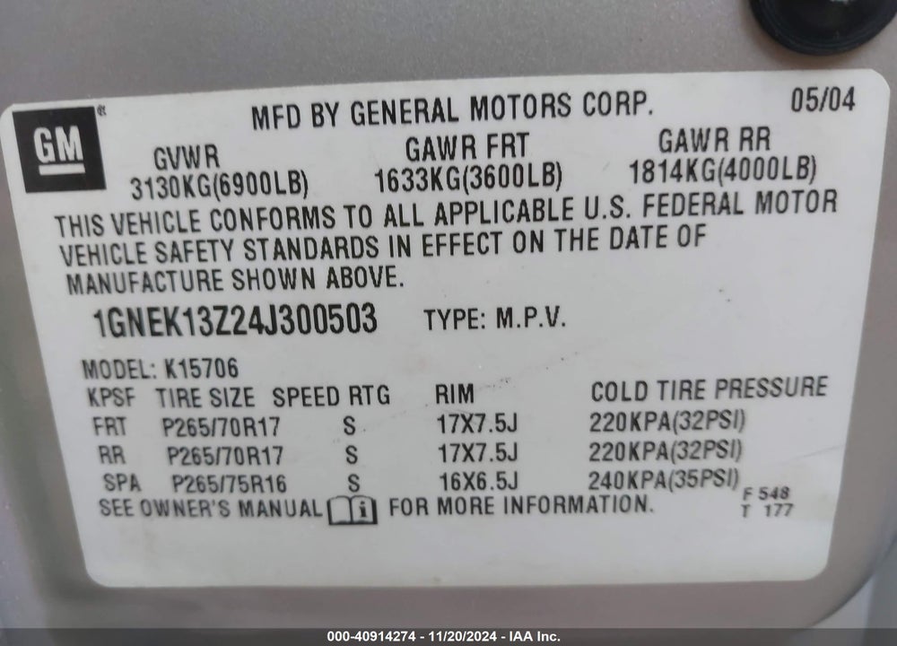 2004 CHEVROLET TAHOE LT VIN: 1GNEK13Z24J300503