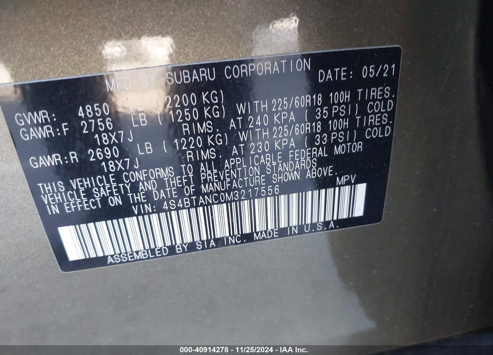 2021 SUBARU OUTBACK LIMITED VIN: 4S4BTANC0M3217556