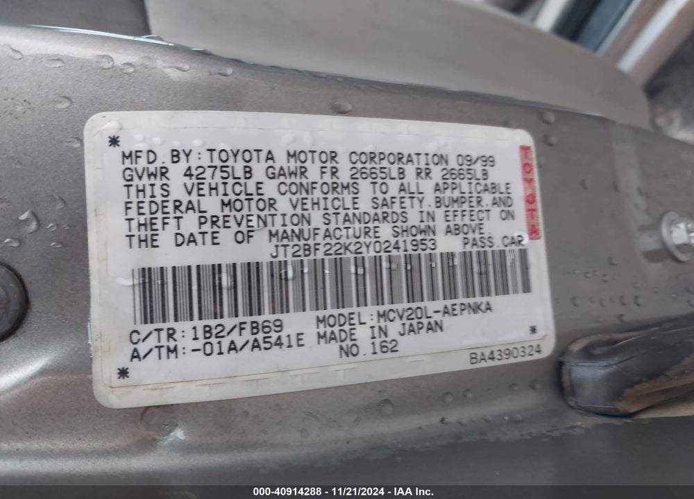 2000 TOYOTA CAMRY LE V6 VIN: JT2BF22K2Y0241953