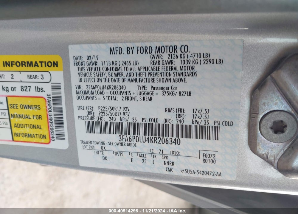 2019 FORD FUSION HYBRID SE VIN: 3FA6P0LU4KR206340