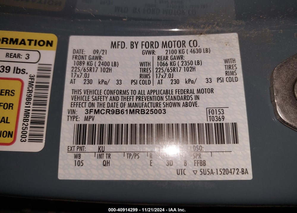 2021 FORD BRONCO SPORT BIG BEND VIN: 3FMCR9B61MRB25003