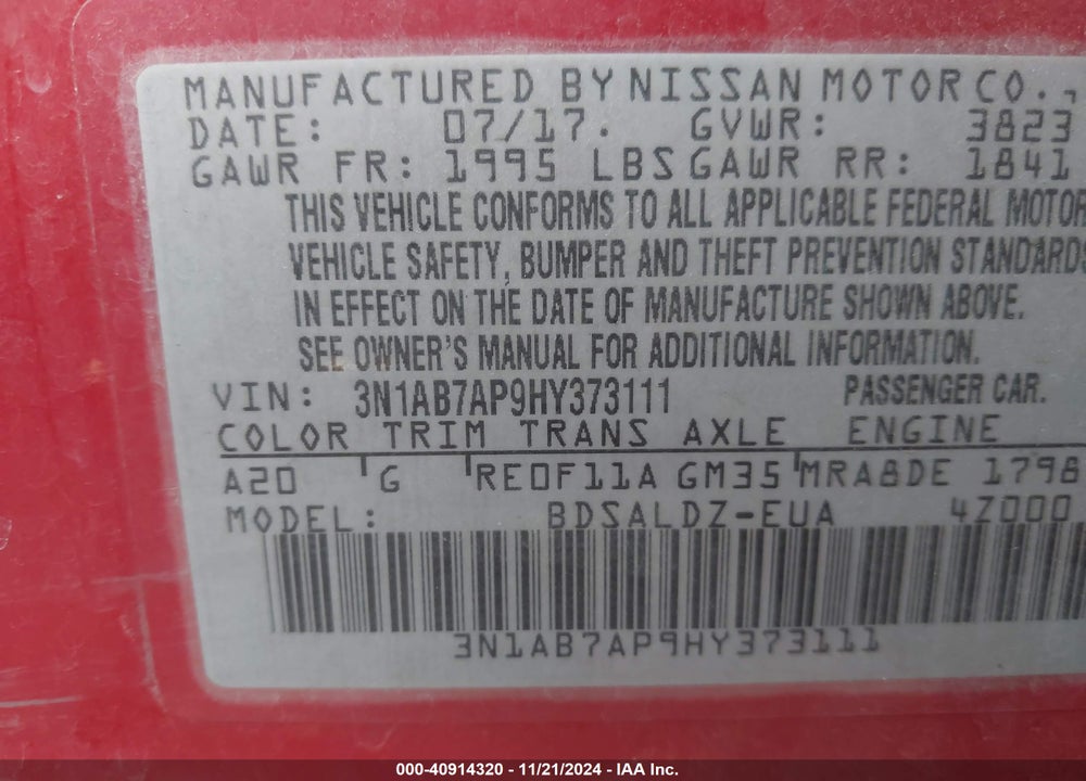 2017 NISSAN SENTRA SV VIN: 3N1AB7AP9HY373111
