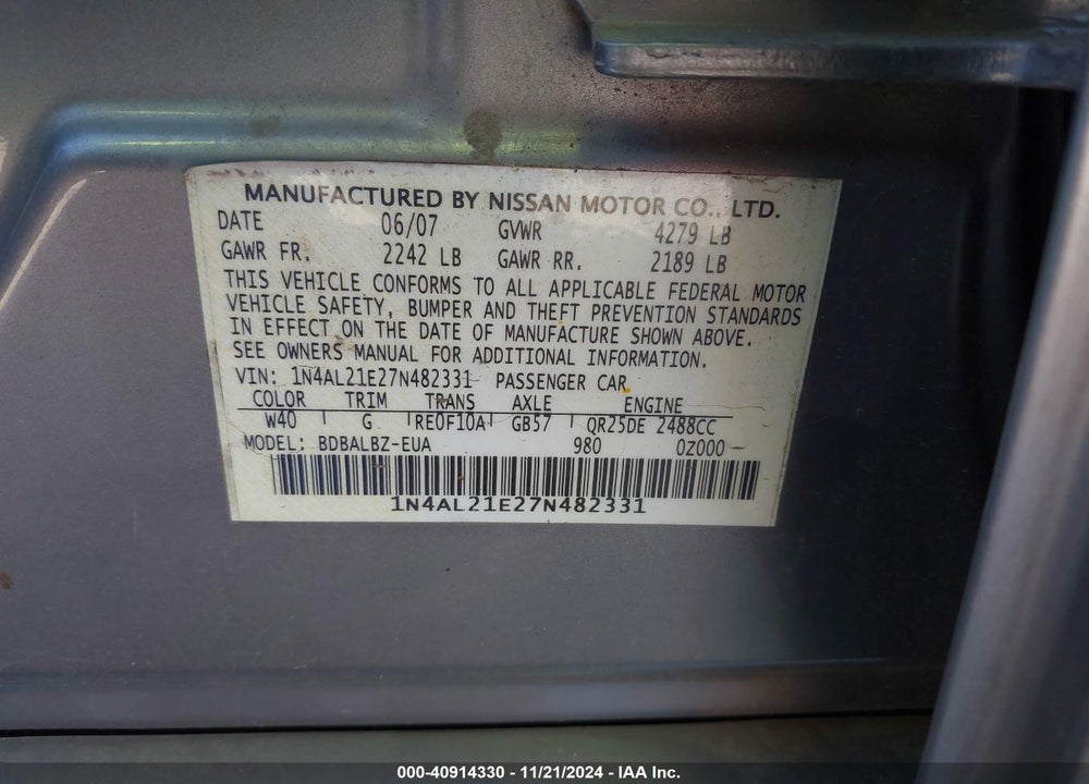 2007 NISSAN ALTIMA 2.5 S VIN: 1N4AL21E27N482331