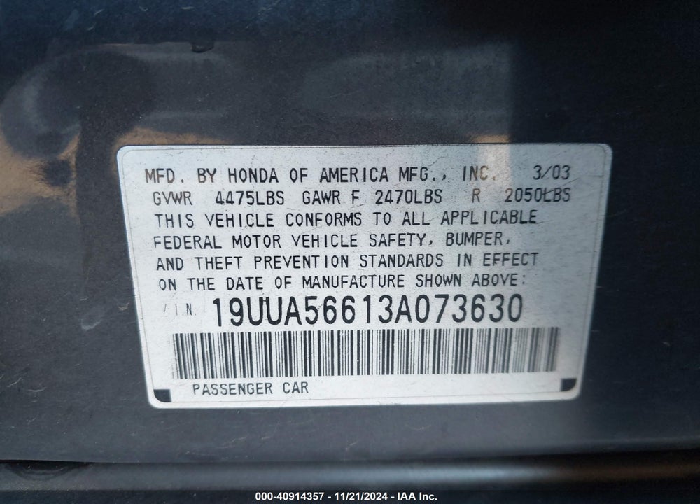 2003 ACURA TL 3.2 VIN: 19UUA56613A073630