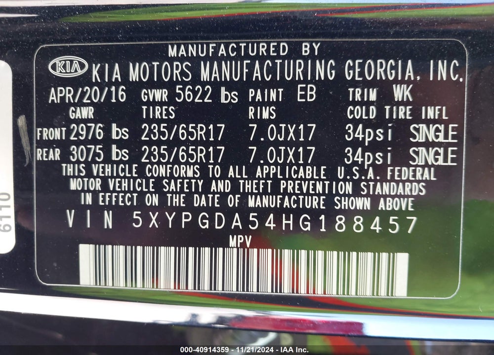 2017 KIA SORENTO 3.3L LX VIN: 5XYPGDA54HG188457