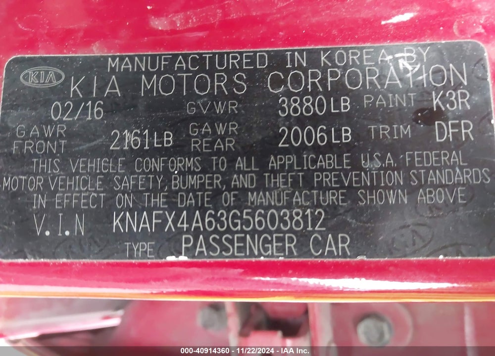 2016 KIA FORTE LX VIN: KNAFX4A63G5603812