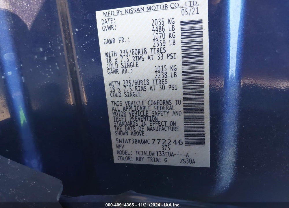 2021 NISSAN ROGUE SV FWD VIN: 5N1AT3BA6MC772246