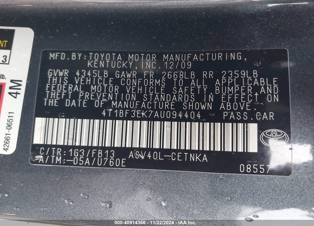 2010 TOYOTA CAMRY LE VIN: 4T1BF3EK7AU094404