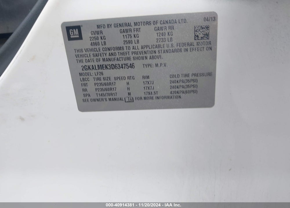 2013 GMC TERRAIN SLE-1 VIN: 2GKALMEK3D6347546