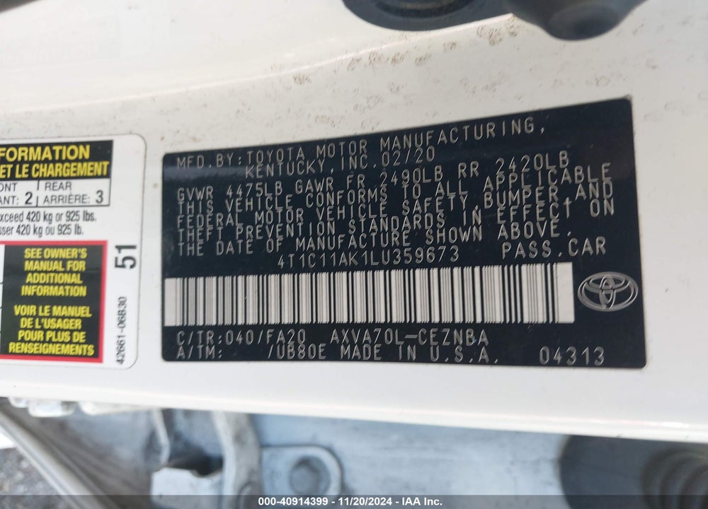 2020 TOYOTA CAMRY LE VIN: 4T1C11AK1LU359673