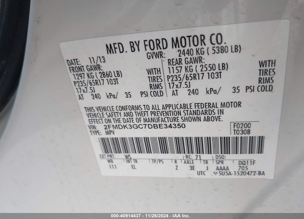 2013 FORD EDGE SE VIN: 2FMDK3GC7DBE34350