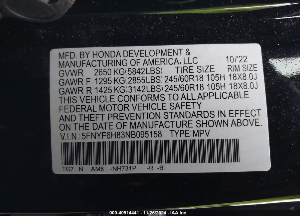 2022 HONDA PILOT AWD TRAILSPORT VIN: 5FNYF6H83NB095158