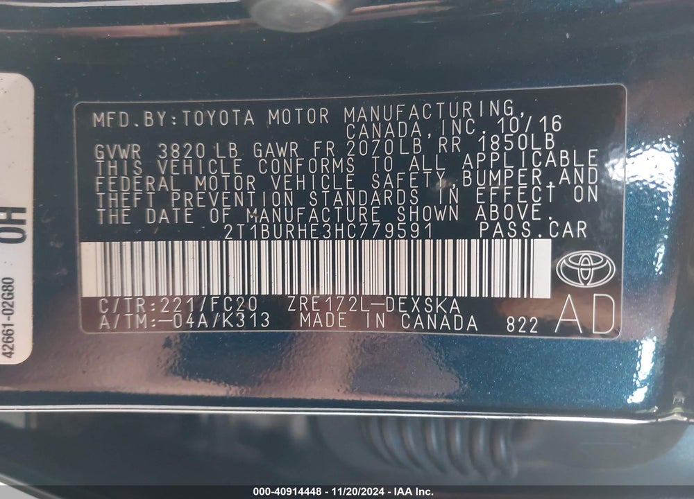 2017 TOYOTA COROLLA SE VIN: 2T1BURHE3HC779591
