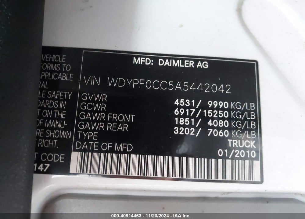 2010 FREIGHTLINER SPRINTER 3500 VIN: WDYPF0CC5A5442042