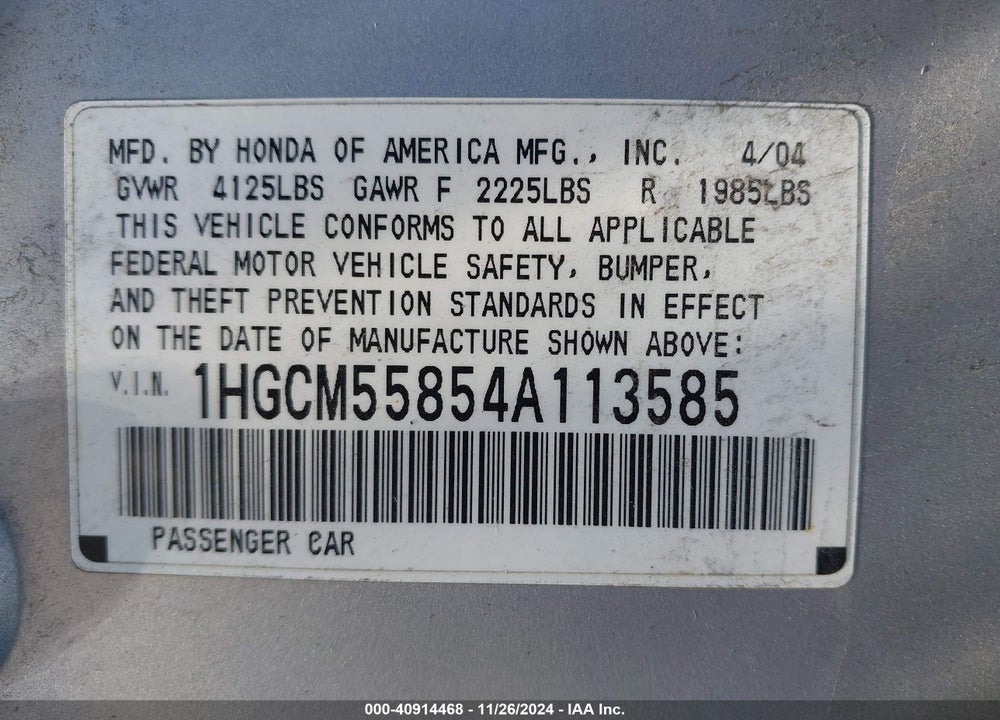 2004 HONDA ACCORD 2.4 EX VIN: 1HGCM55854A113585