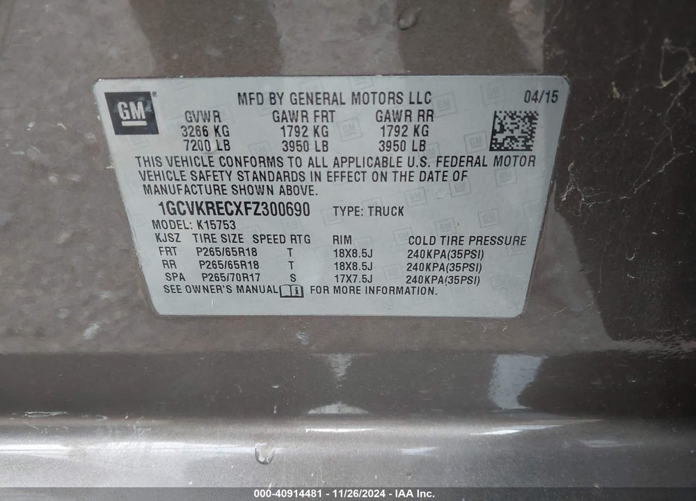 2015 CHEVROLET SILVERADO 1500 VIN: 1GCVKRECXFZ300690