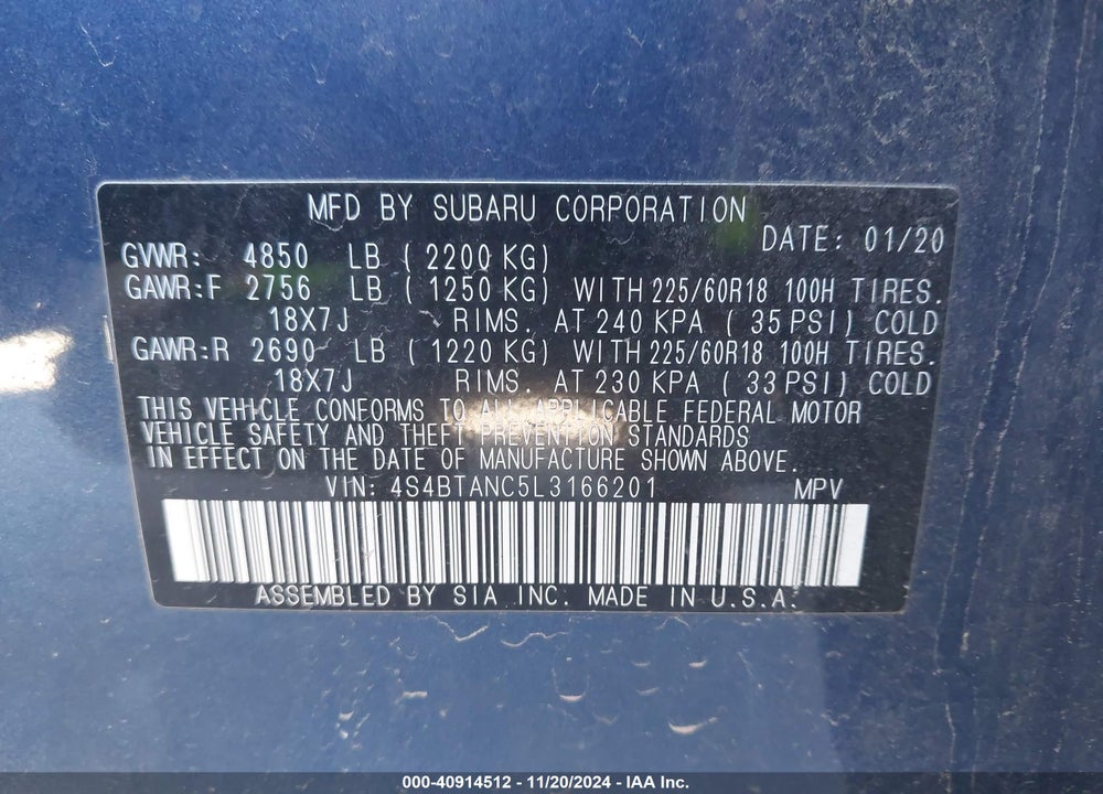 2020 SUBARU OUTBACK LIMITED VIN: 4S4BTANC5L3166201