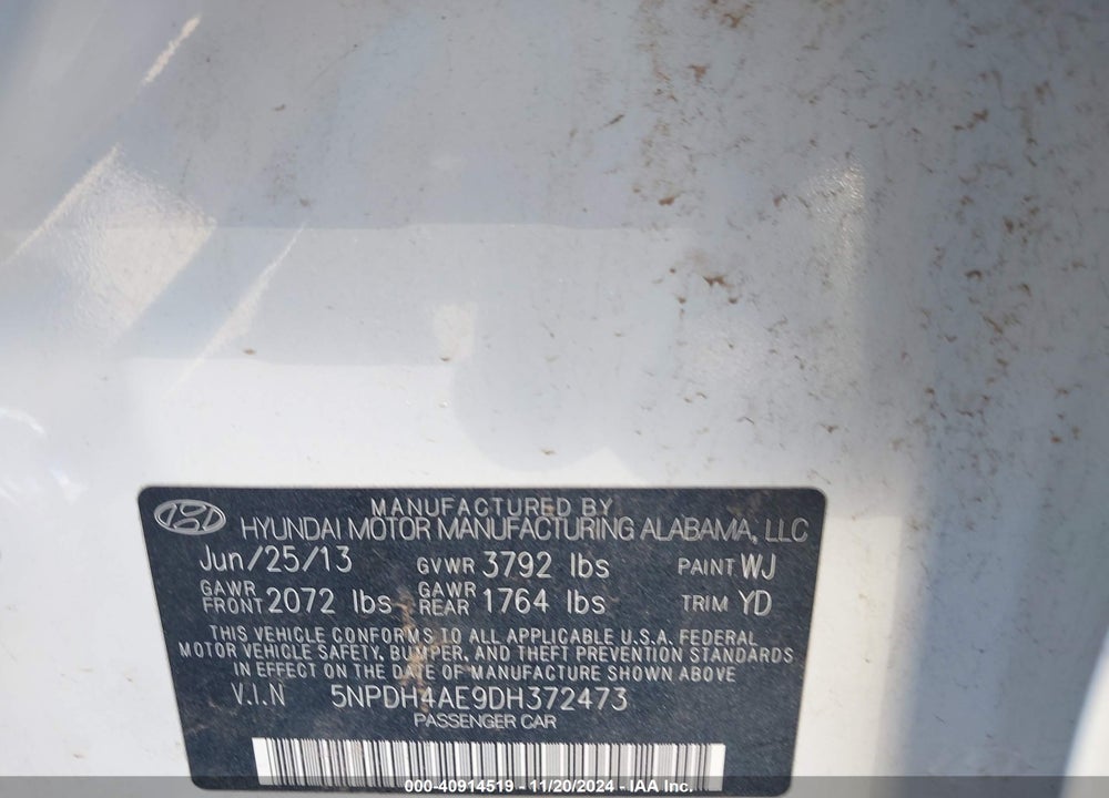2013 HYUNDAI ELANTRA GLS VIN: 5NPDH4AE9DH372473