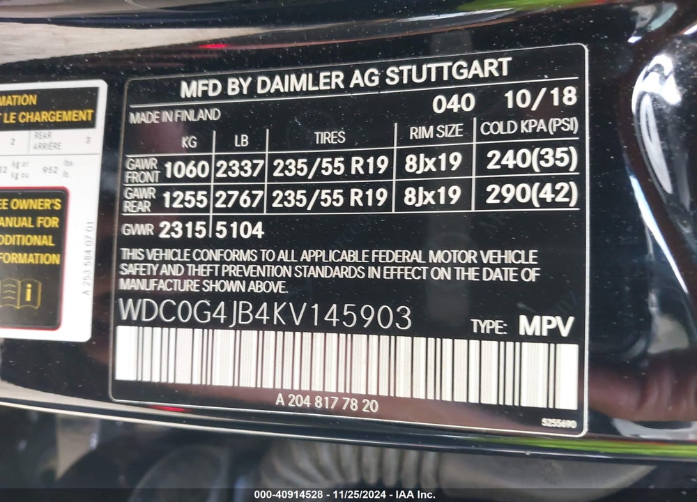 2019 MERCEDES-BENZ GLC 300 VIN: WDC0G4JB4KV145903