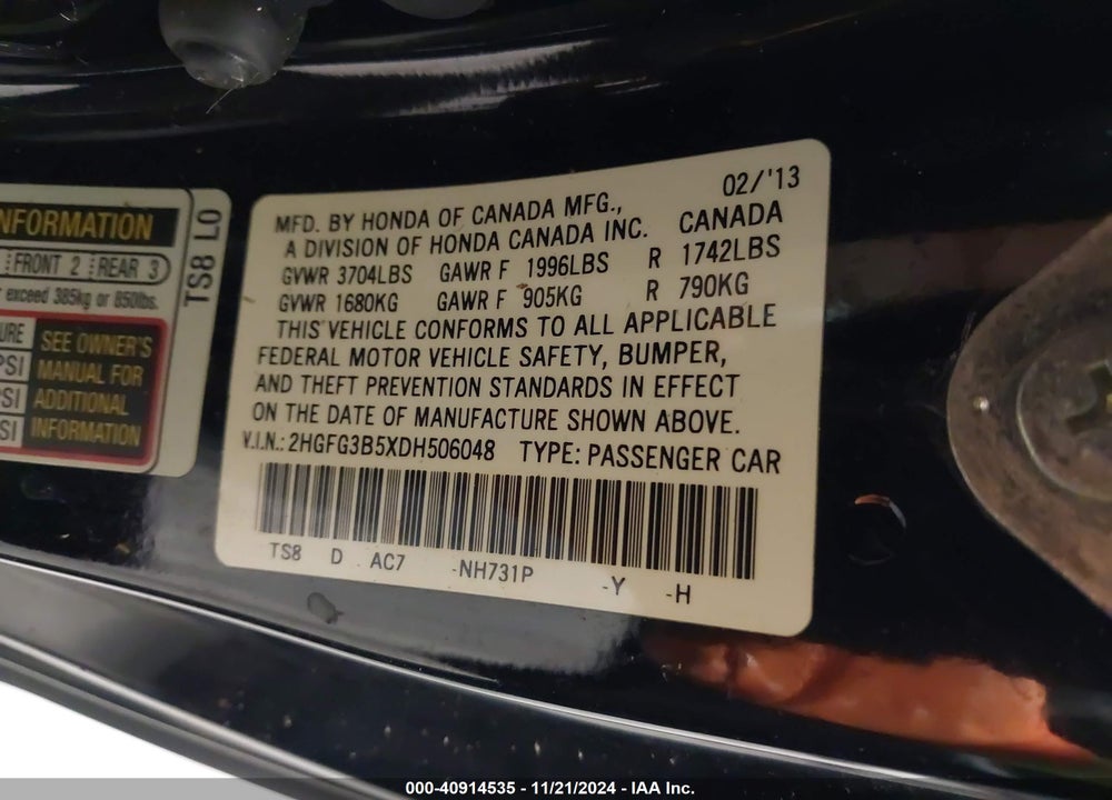 2013 HONDA CIVIC VIN: 2HGFG3B5XDH506048