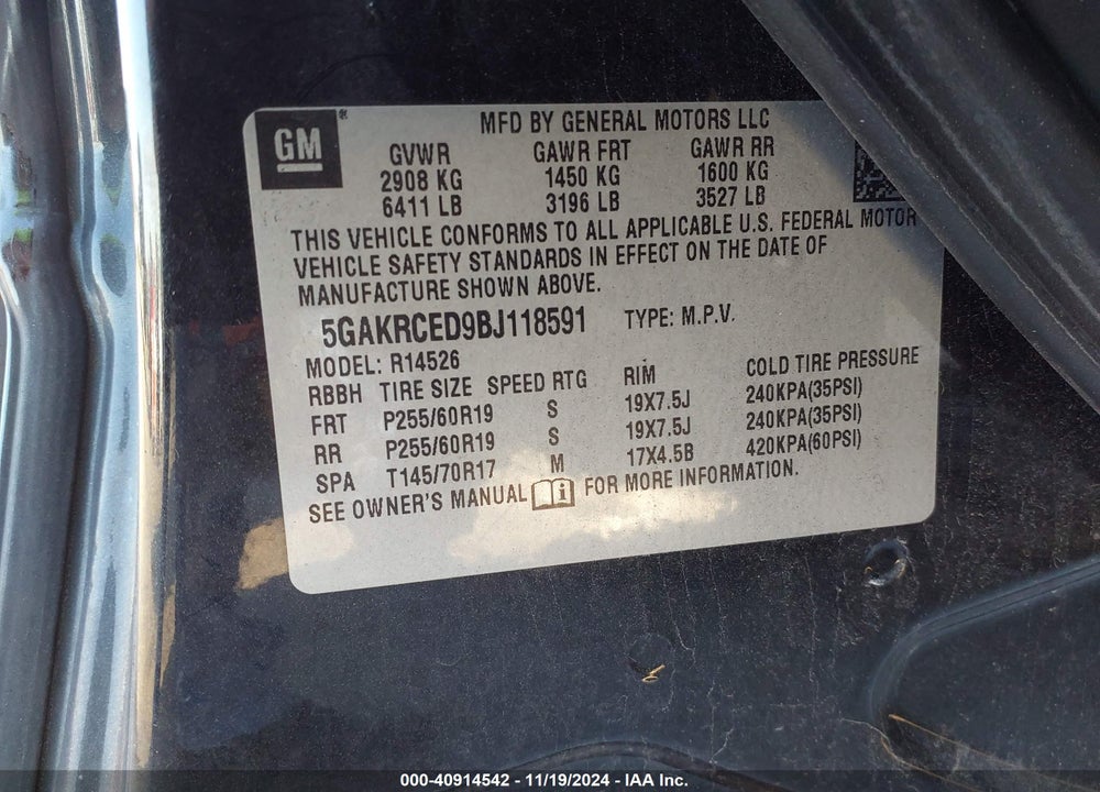 2011 BUICK ENCLAVE 2XL VIN: 5GAKRCED9BJ118591