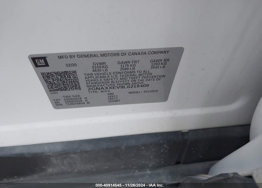 2020 CHEVROLET EQUINOX AWD PREMIER 1.5L TURBO VIN: 2GNAXXEV9L6219409