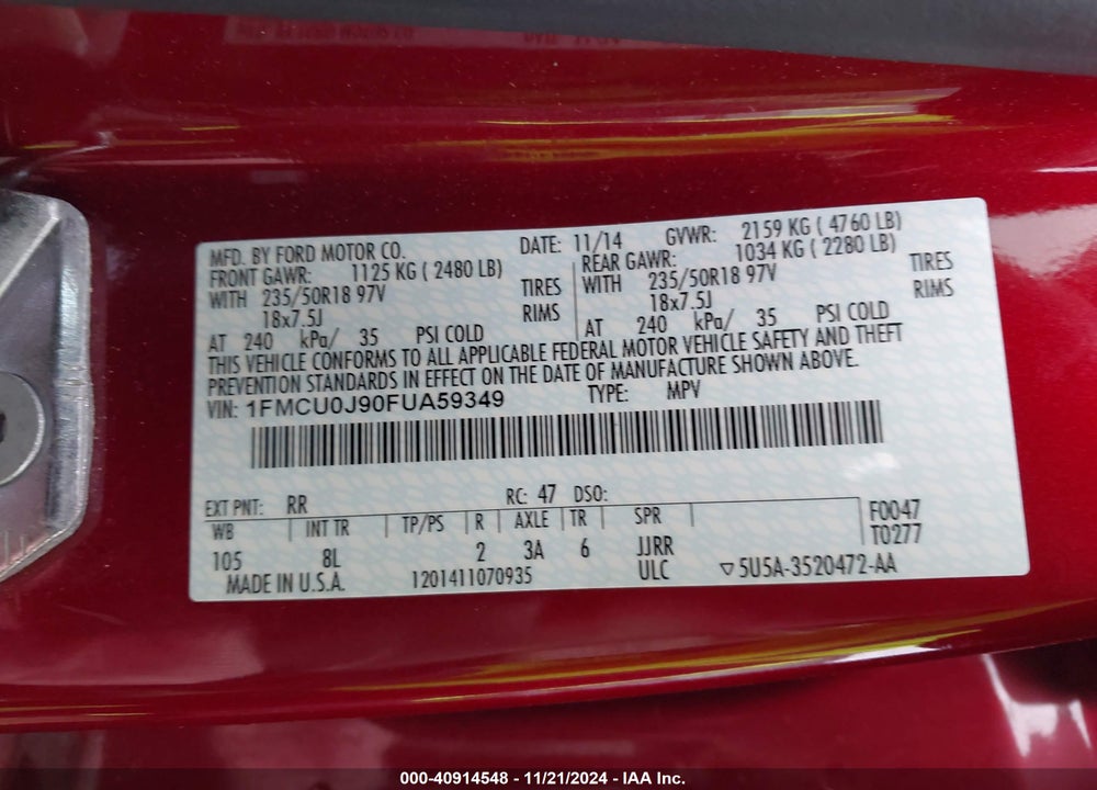 2015 FORD ESCAPE TITANIUM VIN: 1FMCU0J90FUA59349