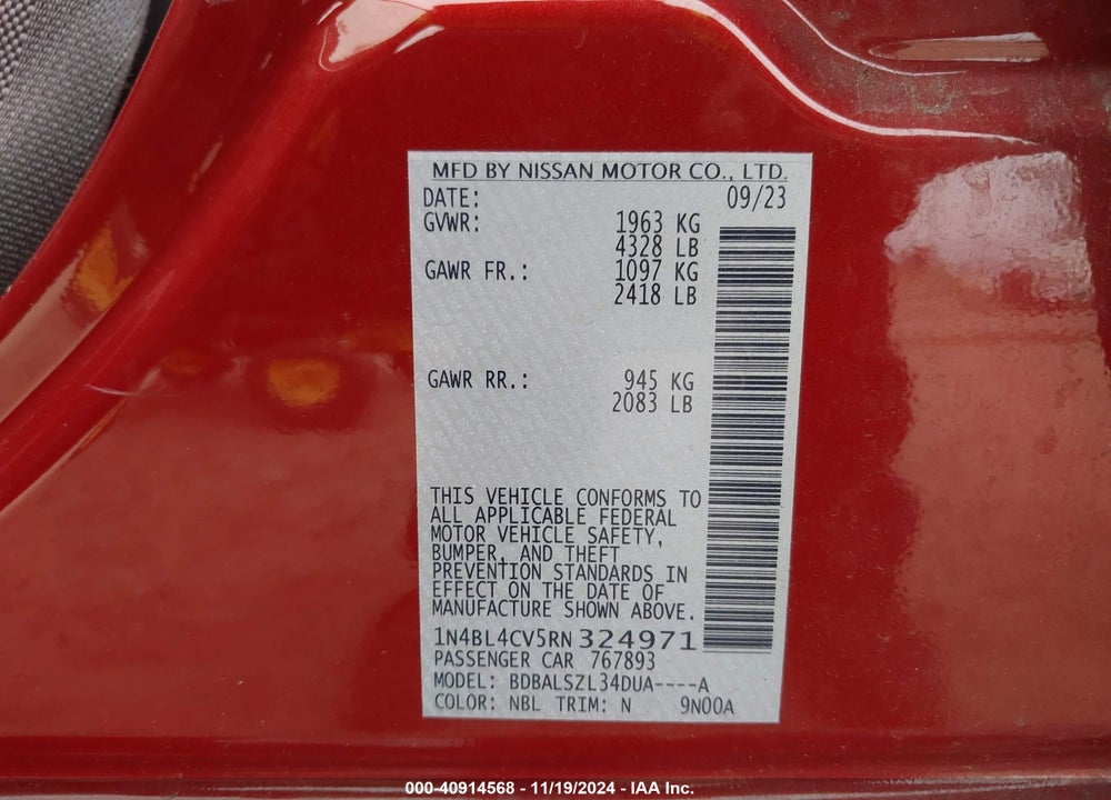 2024 NISSAN ALTIMA SR FWD VIN: 1N4BL4CV5RN324971