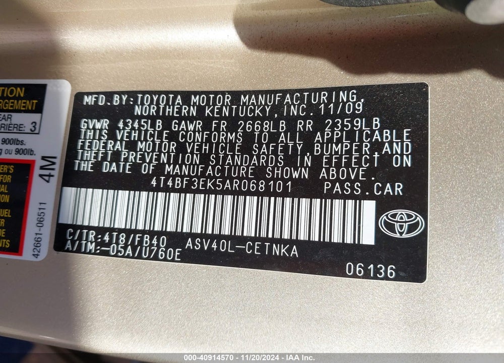 2010 TOYOTA CAMRY VIN: 4T4BF3EK5AR068101