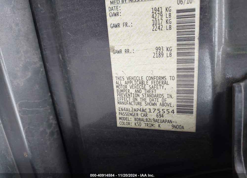 2010 NISSAN ALTIMA 2.5 S VIN: 1N4AL2AP4AC175554