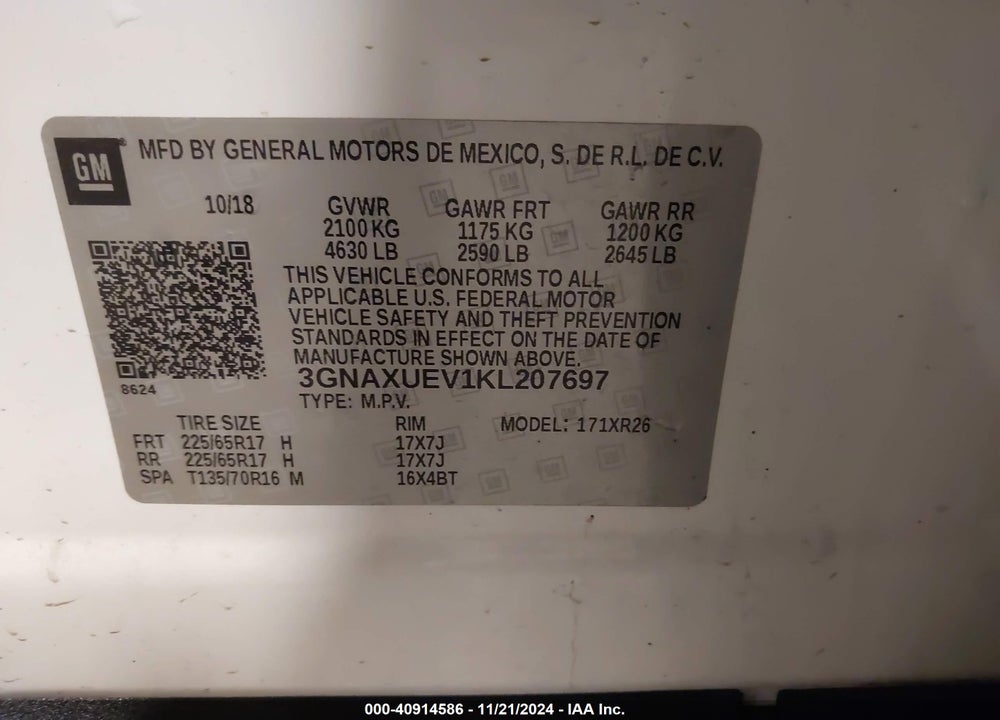 2019 CHEVROLET EQUINOX LT VIN: 3GNAXUEV1KL207697