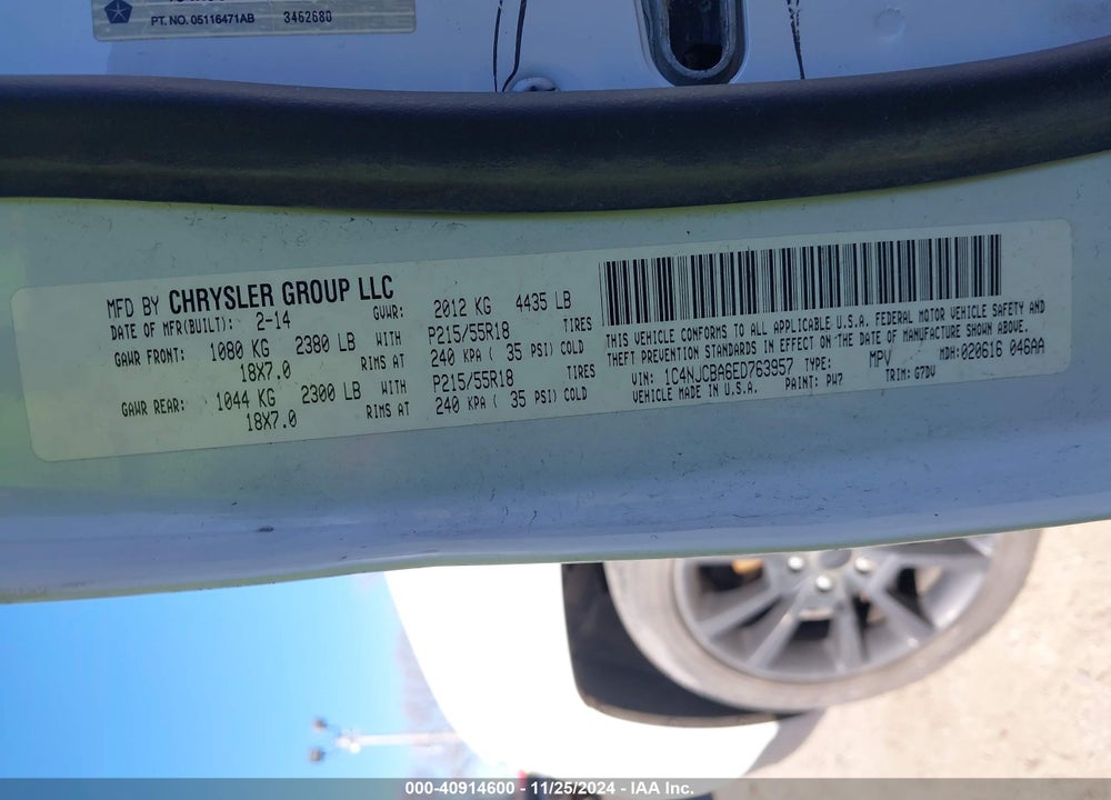 2014 JEEP COMPASS ALTITUDE VIN: 1C4NJCBA6ED763957