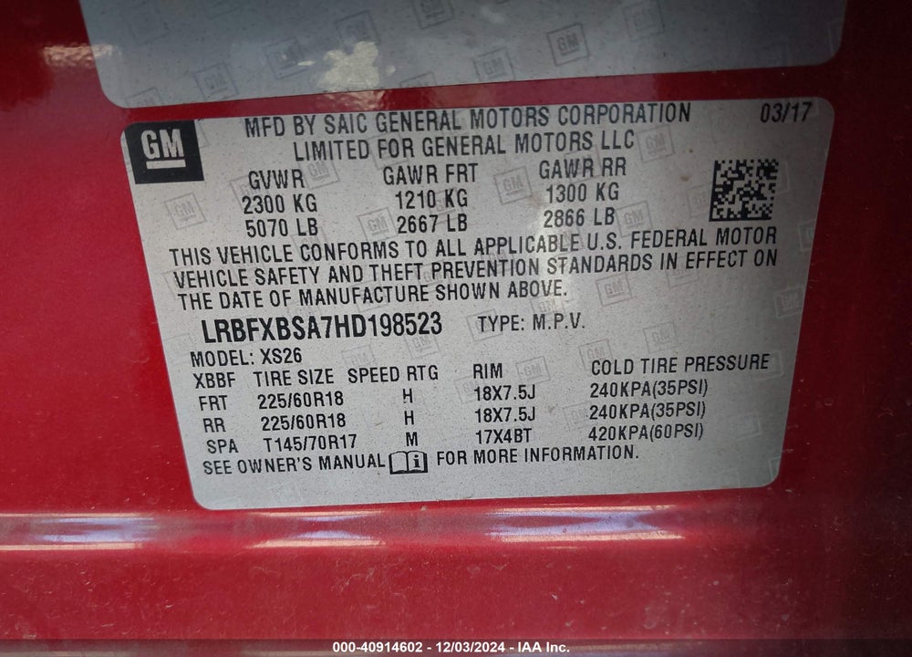 2017 BUICK ENVISION ESSENCE VIN: LRBFXBSA7HD198523