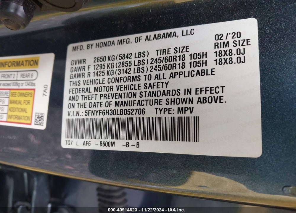 2020 HONDA PILOT AWD EX VIN: 5FNYF6H30LB052706