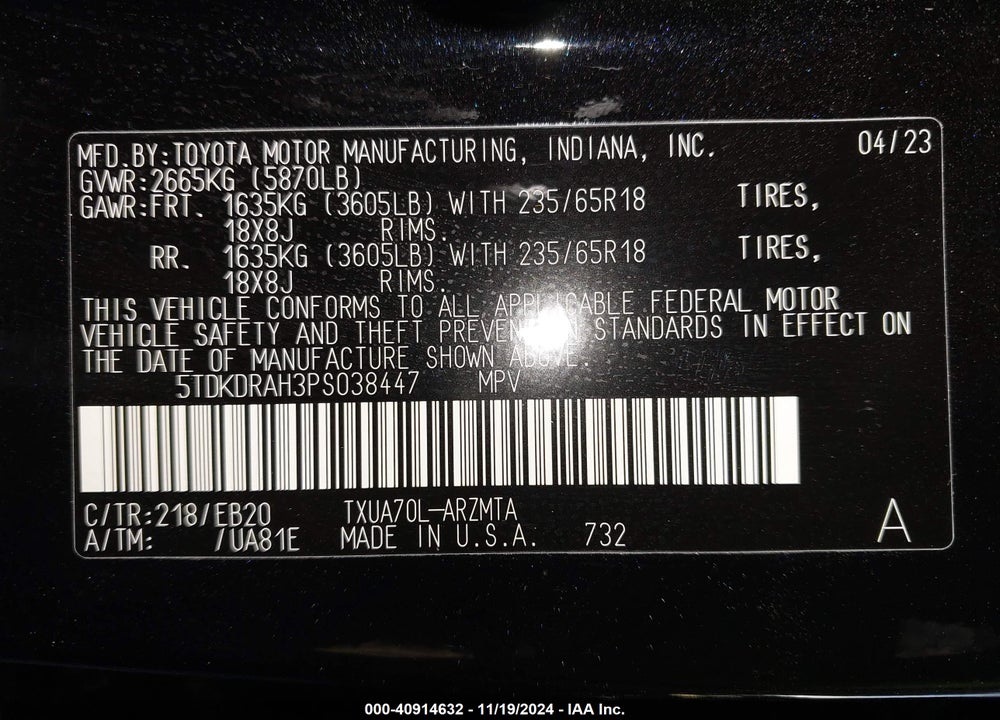 2023 TOYOTA HIGHLANDER L/LE/XLE/LIMITED/PLATINUM/XSE VIN: 5TDKDRAH3PS038447