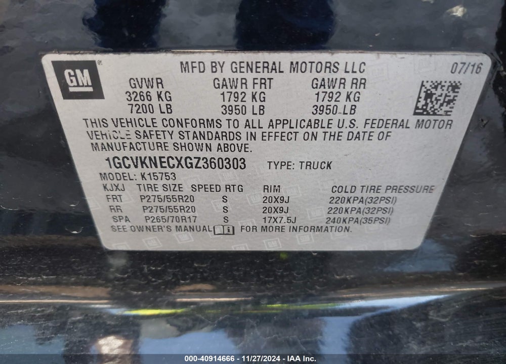 2016 CHEVROLET SILVERADO 1500 WT VIN: 1GCVKNECXGZ360303