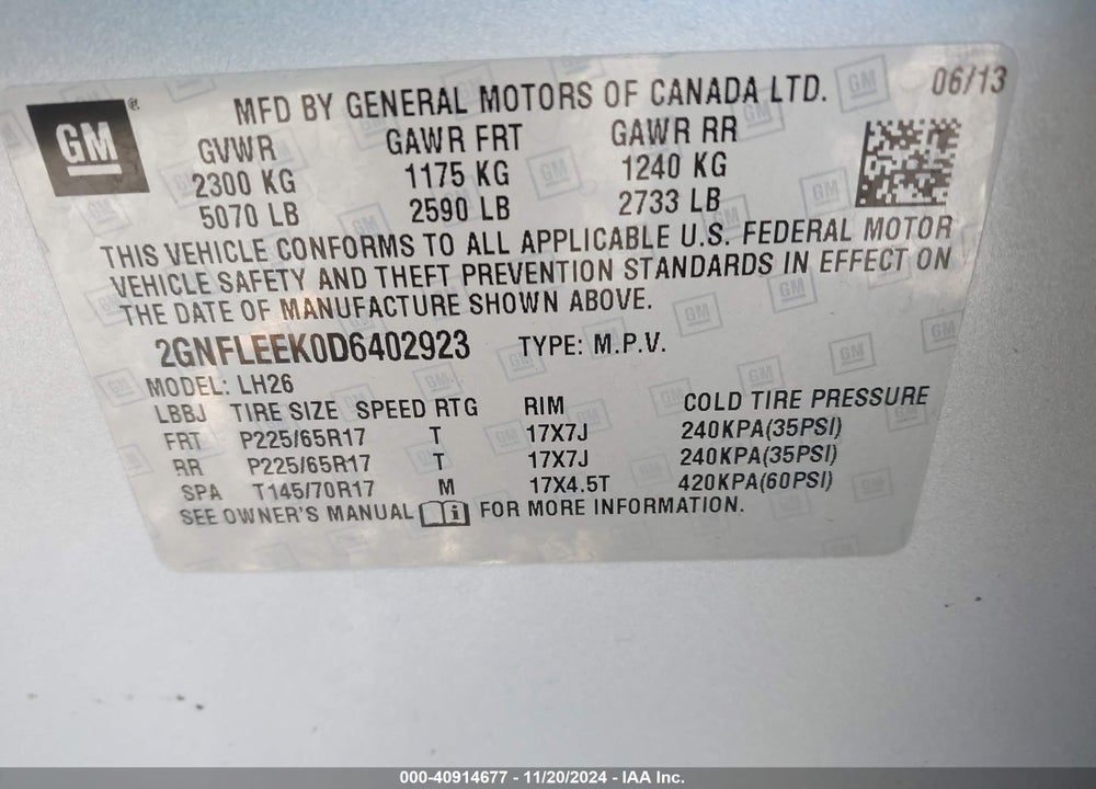2013 CHEVROLET EQUINOX 1LT VIN: 2GNFLEEK0D6402923