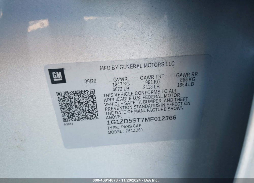 2021 CHEVROLET MALIBU FWD LT VIN: 1G1ZD5ST7MF012366