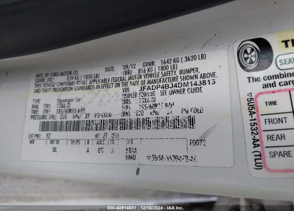 2013 FORD FIESTA SE VIN: 3FADP4BJ4DM143813