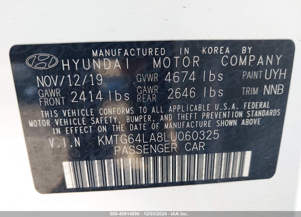 2020 GENESIS G70 2.0T RWD VIN: KMTG64LA8LU060325