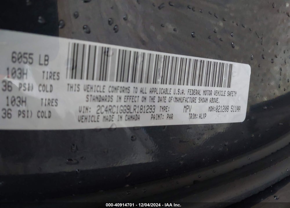 2020 CHRYSLER PACIFICA LIMITED VIN: 2C4RC1GG9LR181293