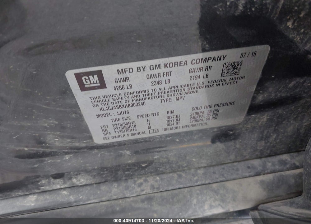 2017 BUICK ENCORE PREFERRED VIN: KL4CJASBXHB003240